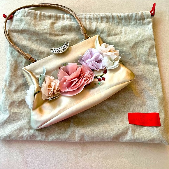 Used once! Valentino champagne satin purse w/ floral appliqué/ snakeskin handles - Picture 1 of 11